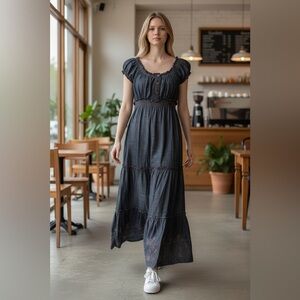 C & V Embroidered Blue Boho Linen Blend Denim Blue Tiered Maxi Dress. Size M